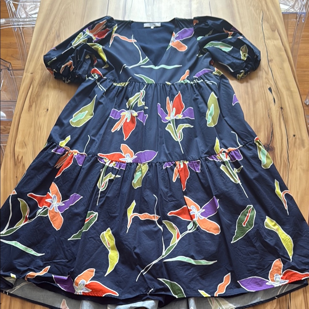 Crosby Blue and Orange Puff Sleeve Tiered Dress